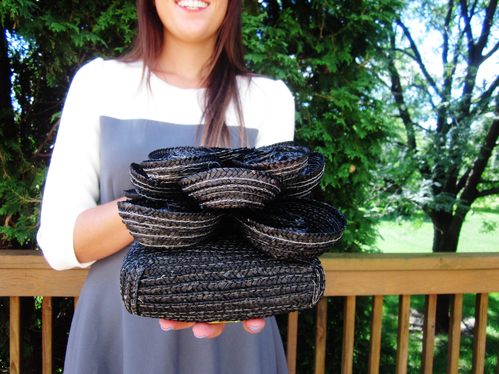 Kate Spade Lawn Party Bitsy Straw Flower Crossbody Black Black Wicker Bag small