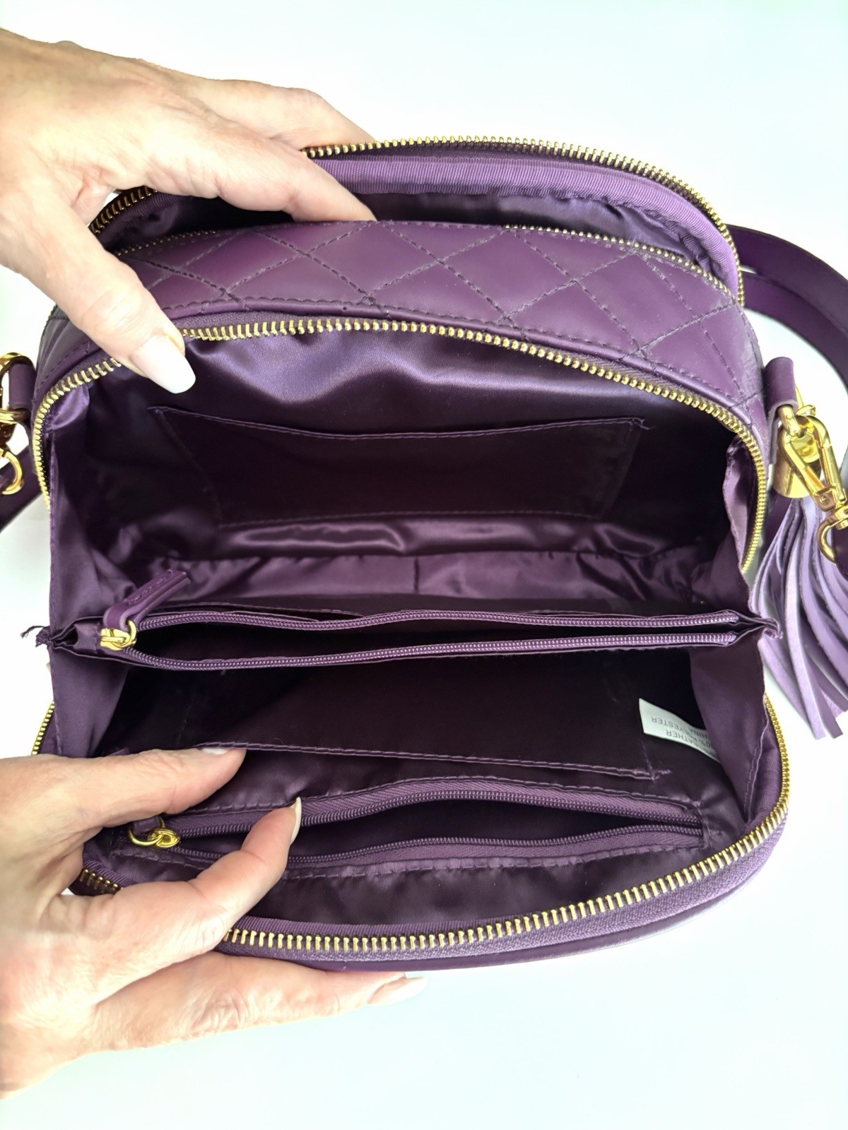 Joy & Iman Plum Purple Quilted RFID Crossbody Camera Bag NWT Tassel