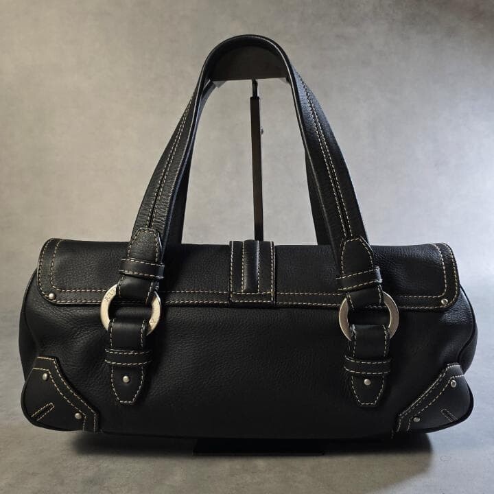 Bally Black Leather Hobo Bag Y2K Silver Hardware White Stitch Shoulder Bag