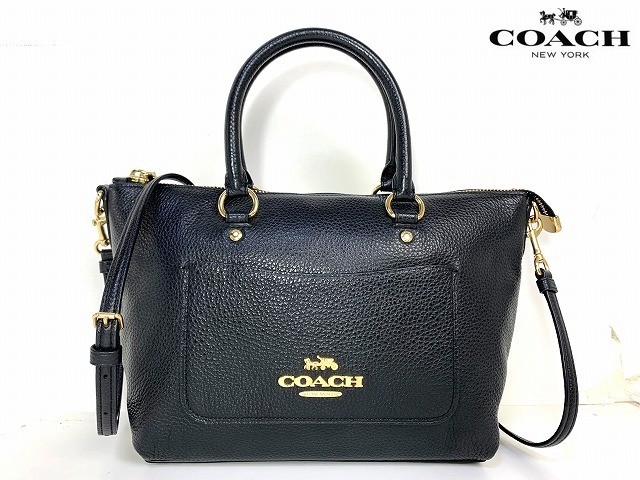 Good Condition COACH Pebble Leather Emma Satchel 2WAY Shoulder Bag Handbag Black