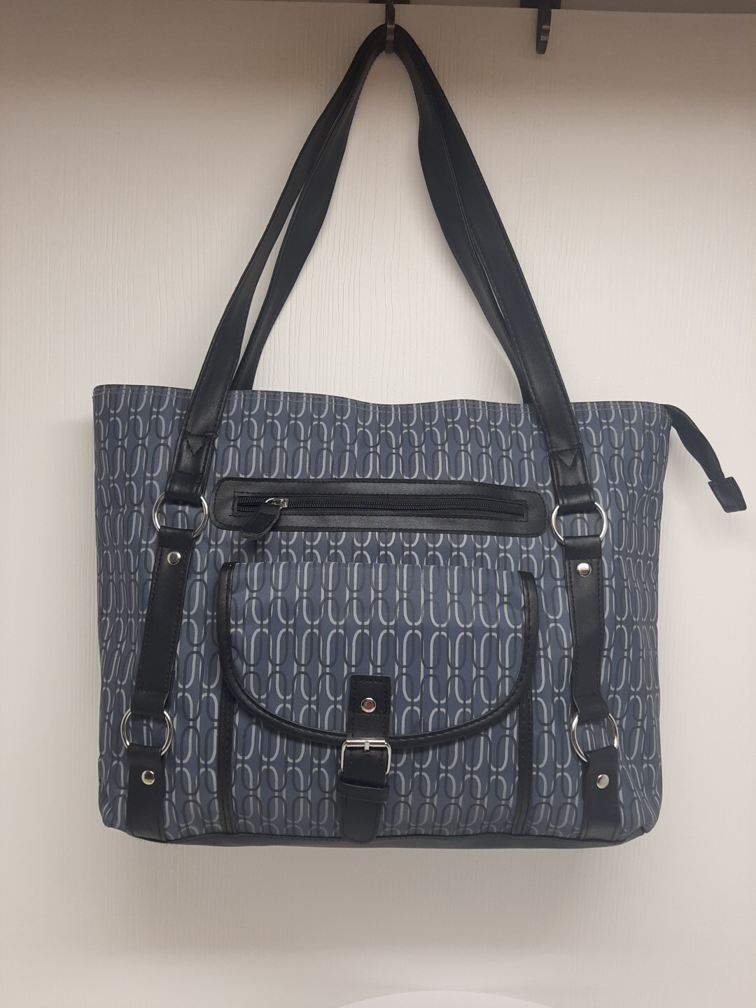 Faux Leather Polyester Vinyl Blue Black Shoulder Bag Tote Double Handle D20