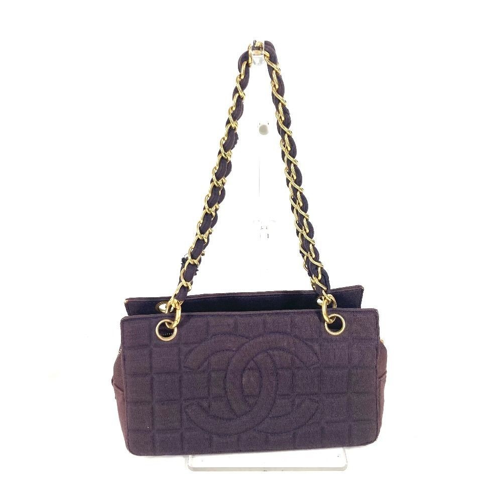 Chanel CC Logo Chocolate Bar Double Chain Shoulder Bag Purple Jersey Authentic