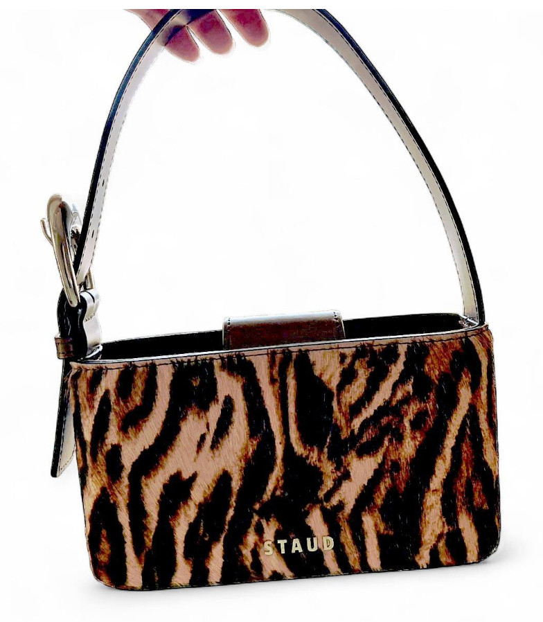 STAUD Grant Bag Pony Hair Animal Print Moon Buckle Adjustable Strap