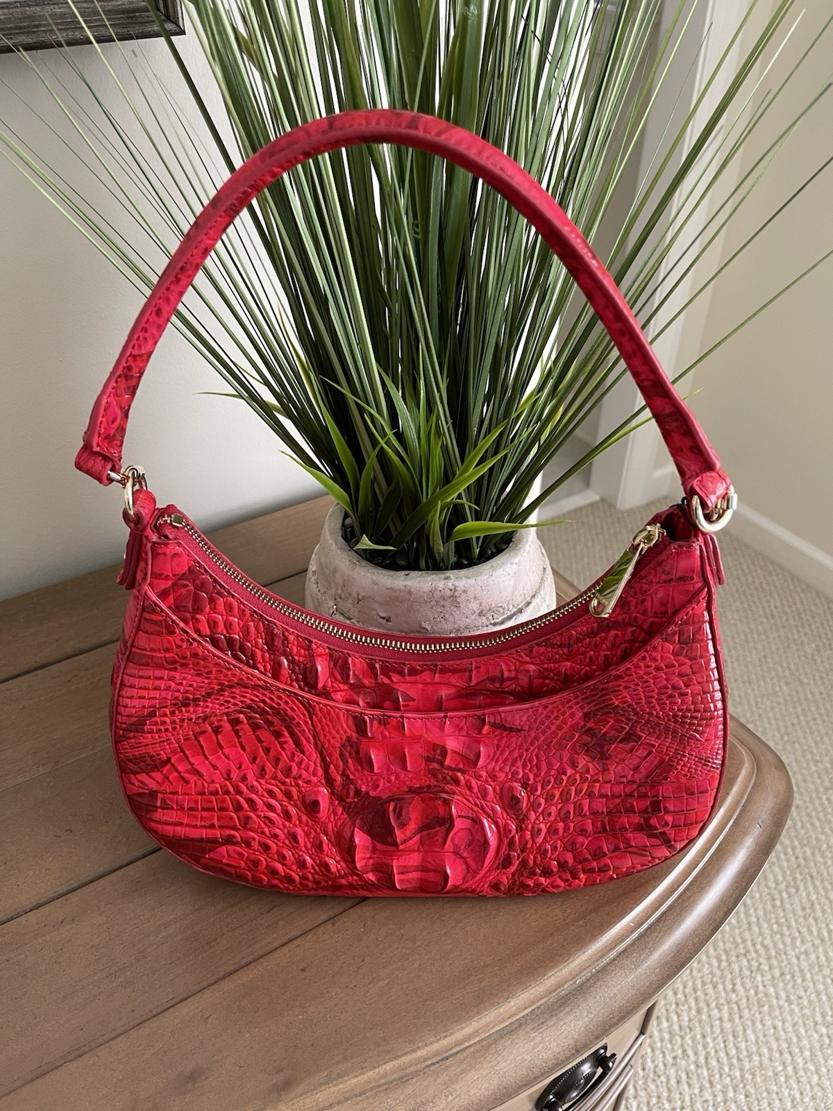 Brahmin Small Red Croc Embossed Zip Top Shoulder Hobo Bag Gold Hardware