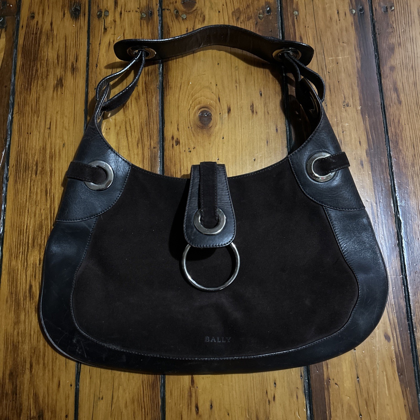BALLY Doradi Hobo Bag Suede Brown Y2K Calfskin Leather Purse Bag