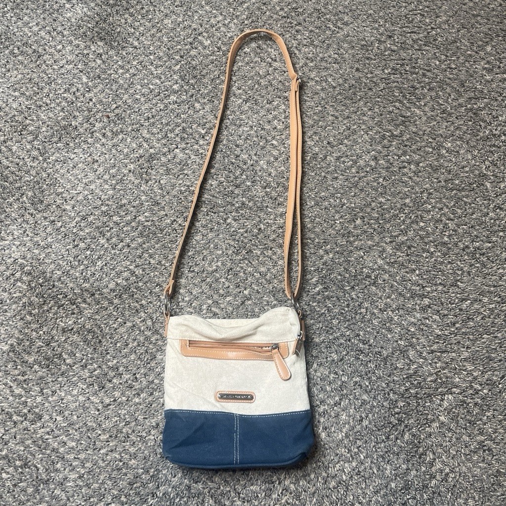 Stone Mountain Blue And Cream Crossbody Bag With Leather Adjustable Strap