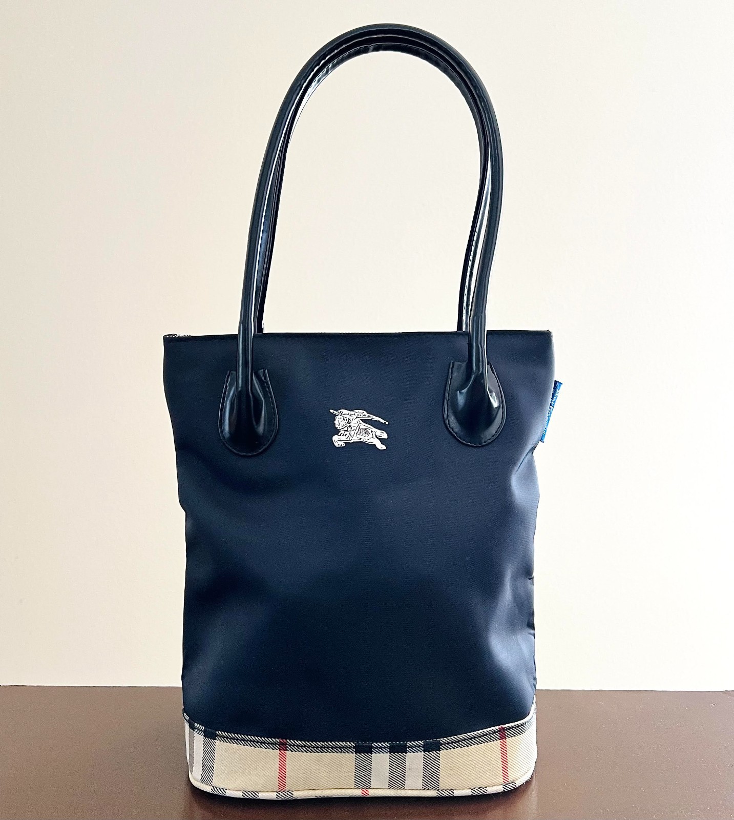 Burberry Blue Label Tote Bag Nylon Black Nova Check Logo Purse Pouch Authentic
