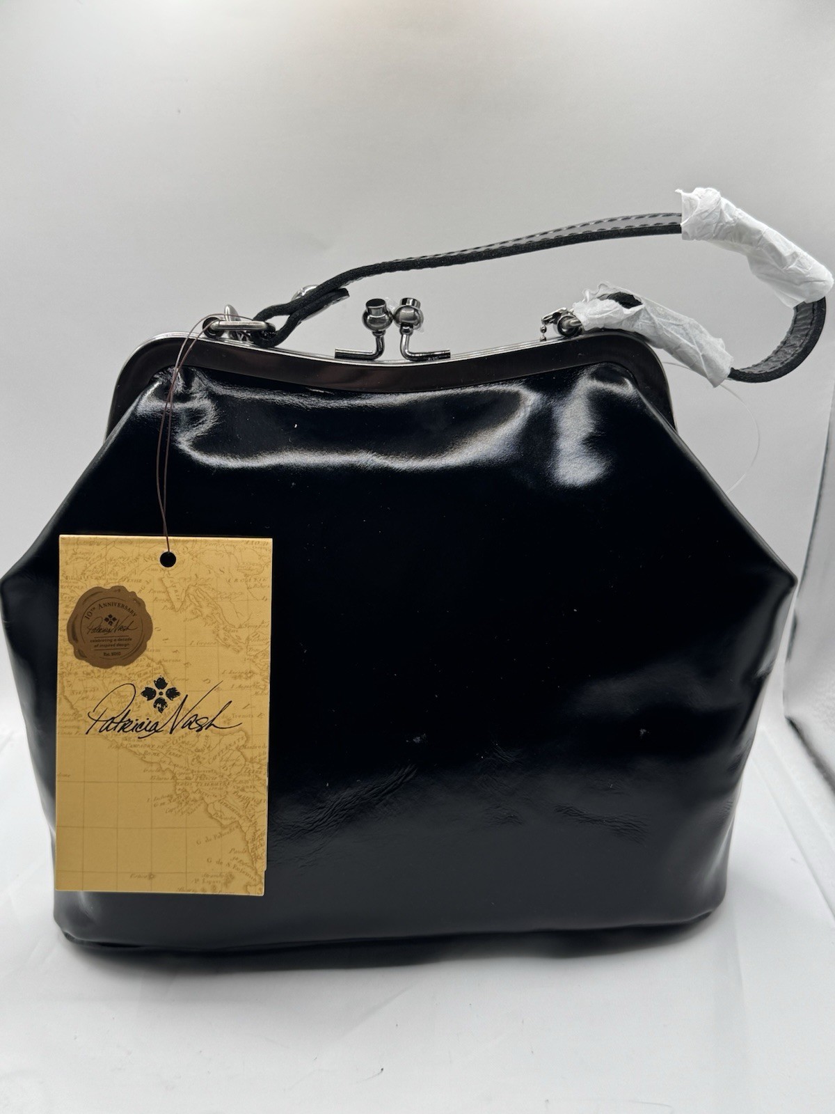Patricia Nash Black Satchel Top Handle Kiss-Lock, Bottom Studs, Dust Bag