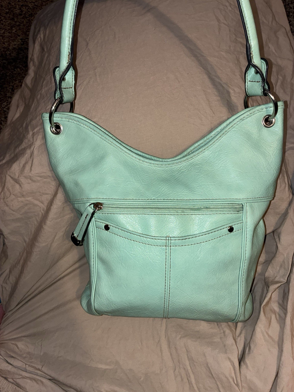 Croft & Barrow Aqua Pebbled Shoulder Bag Zip/Magnetic Pockets Silver Hardware