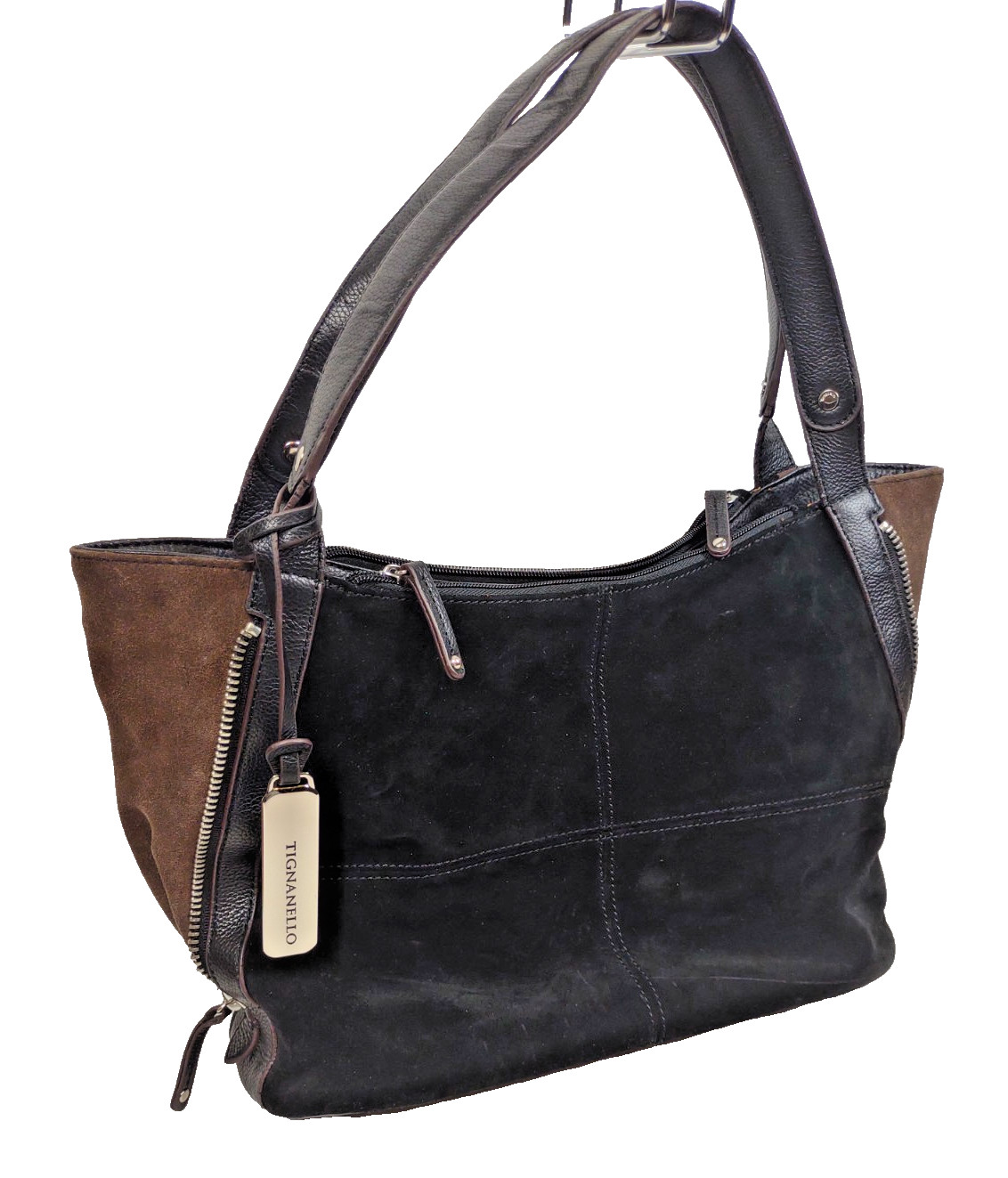 TIGNANELLO Black and Brown Suede Leather Expandable Hobo Shoulder Bag Handbag