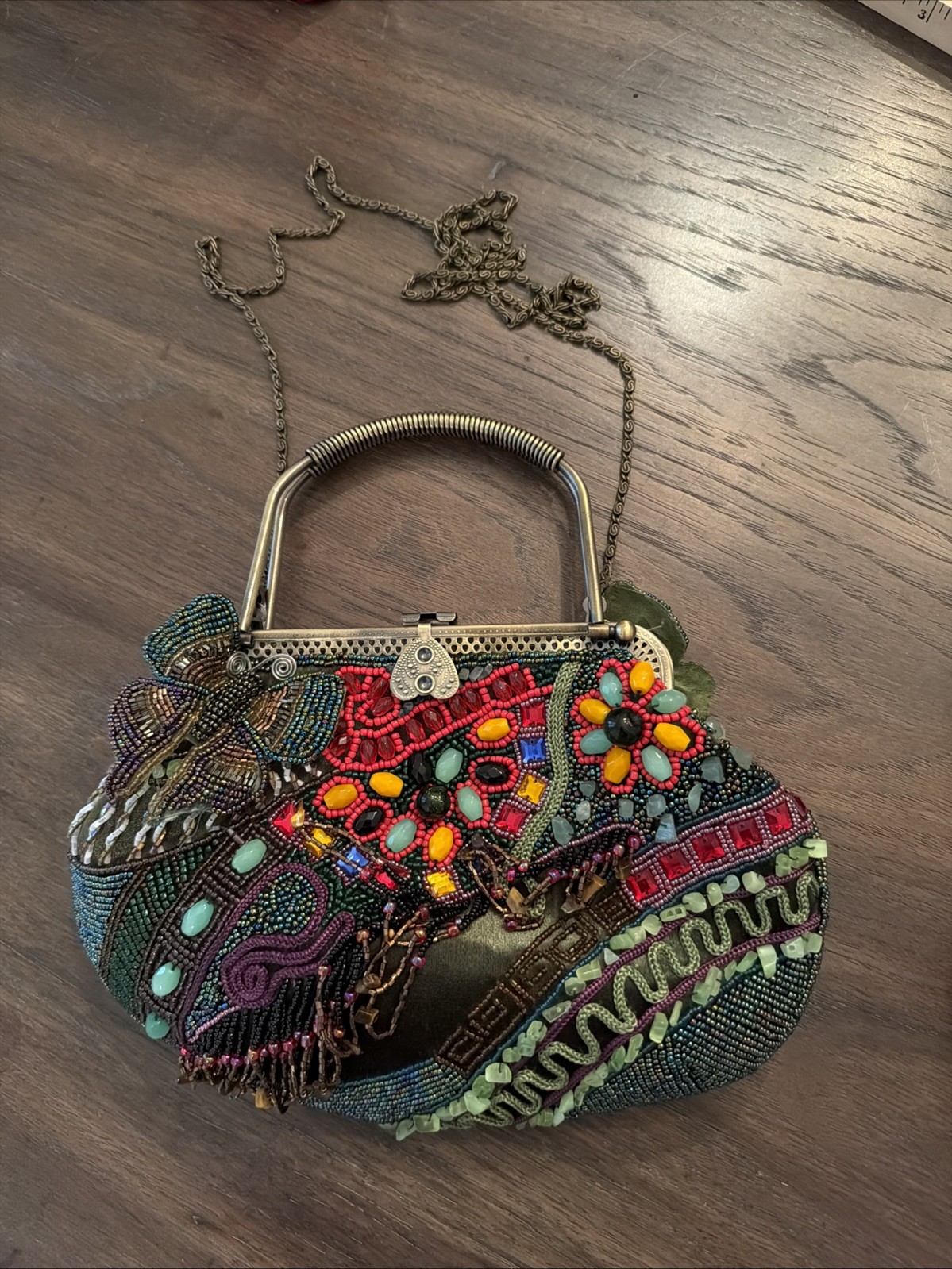 Chico’s Beaded Purse Handbag, Green Gold Double Handle Chain EUC butterfly