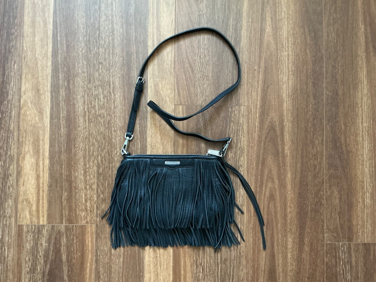 Rebecca Minkoff Fringe Black Crossbody Hippie Boho Leather Bag Purse Adj Strap