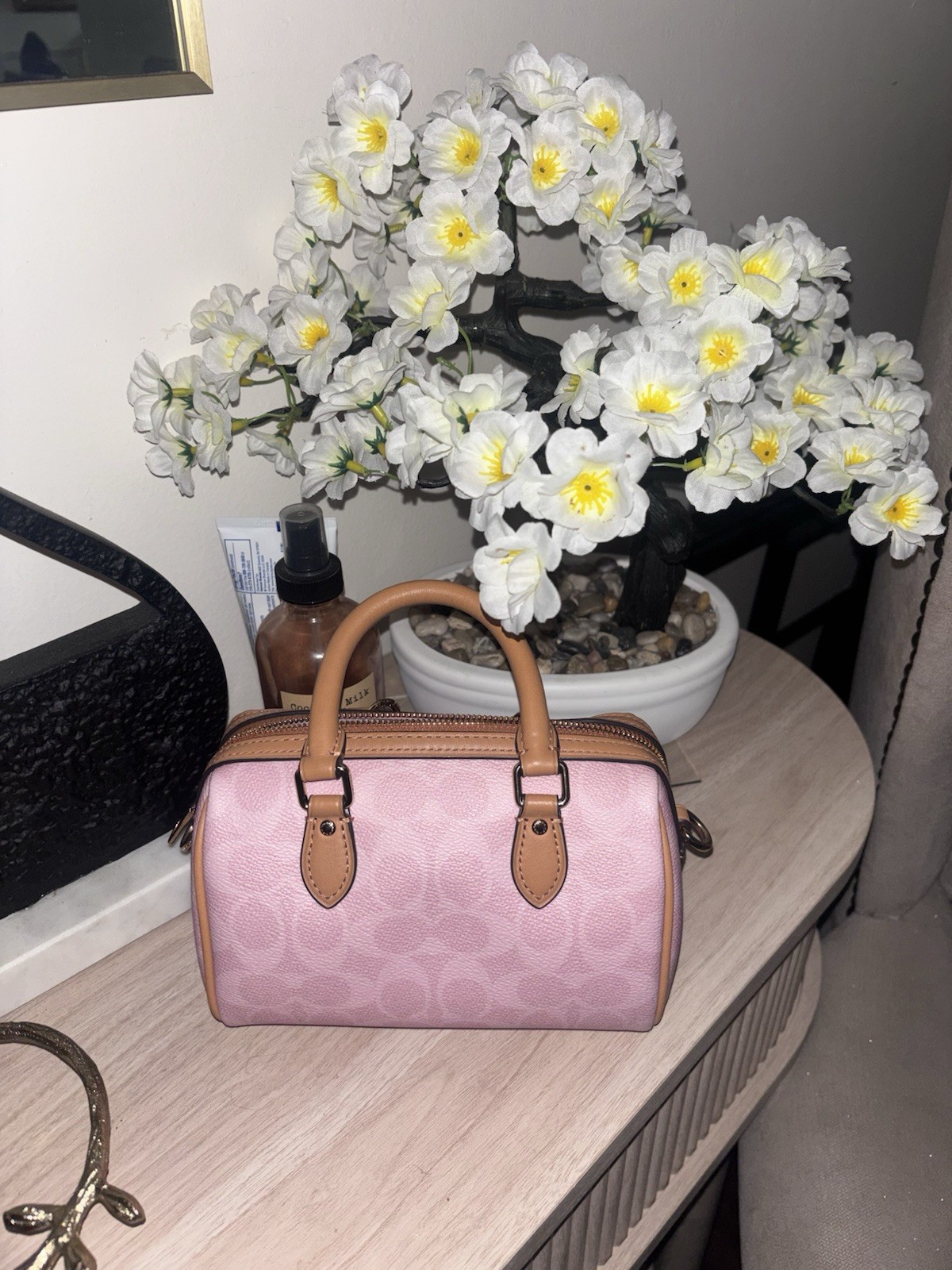Coach Signature Pink/Brown Small Satchel Zip, Gold Hardware, Bag Charm