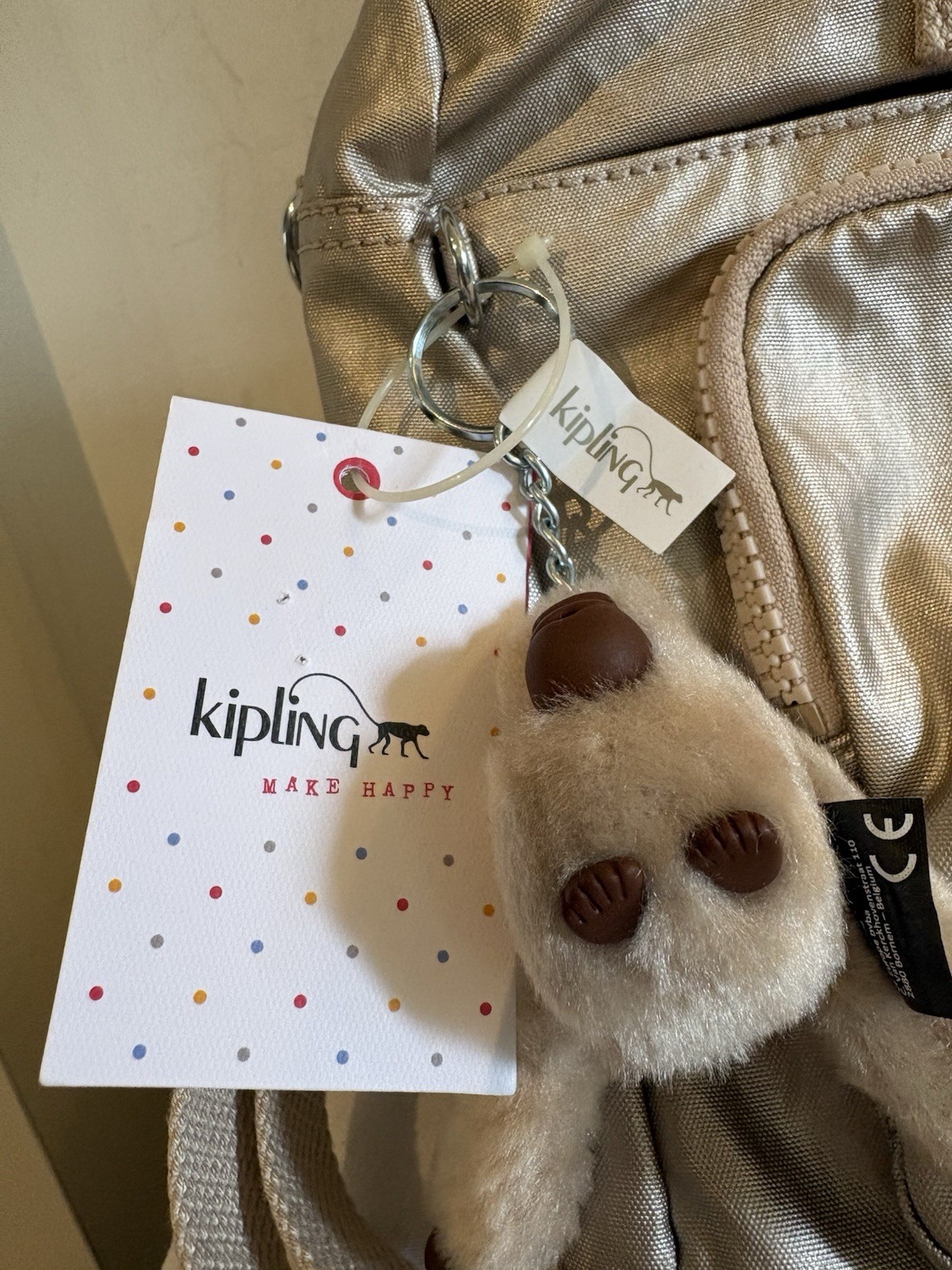 New Kipling Cyrene Crossbody/Shoulder Bag Metallic Gold/Tan Monkey Charm NWT