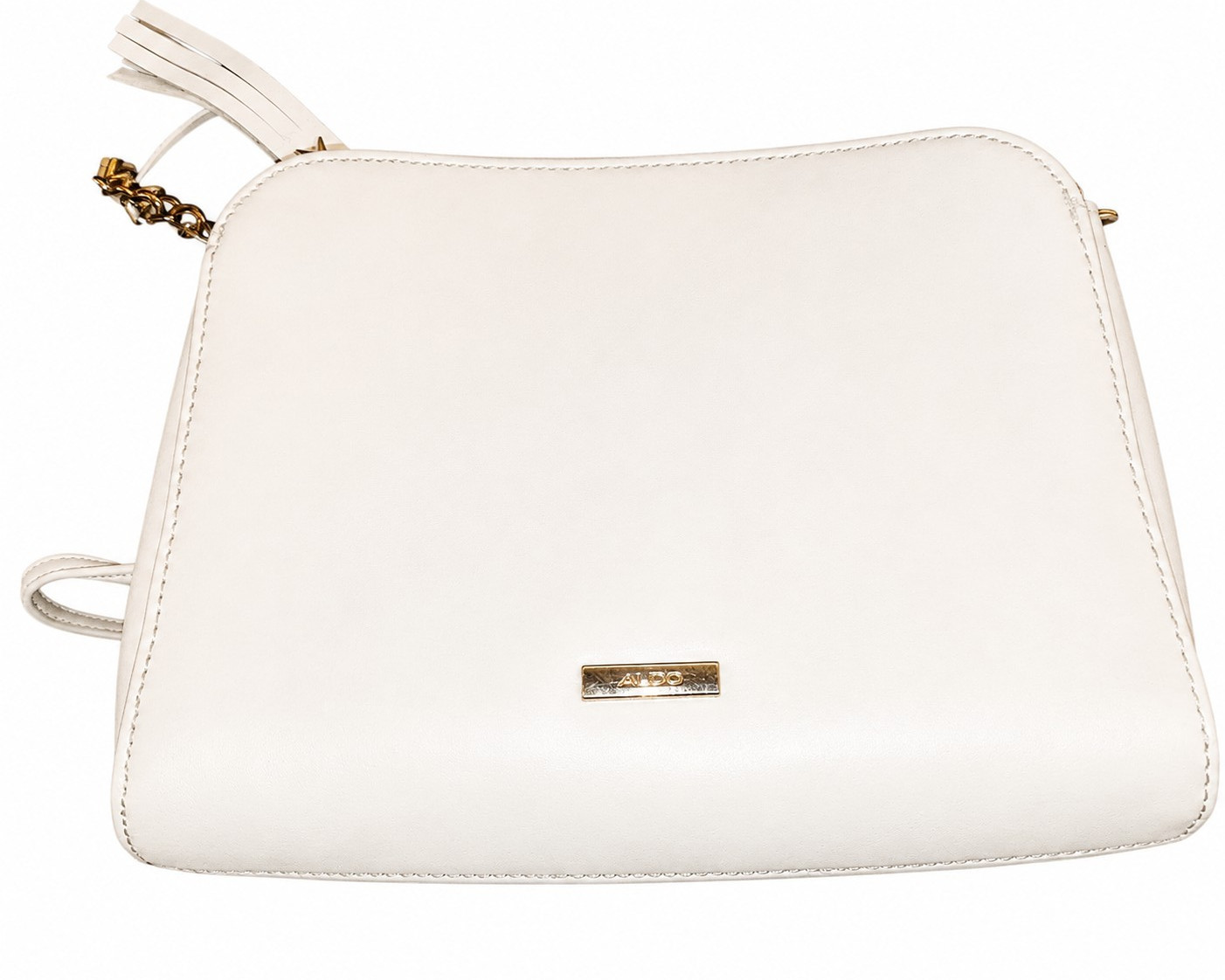 ALDO White Quilted Shoulder Bag Zip Gold Chain Tassel Charm Lined Pockets