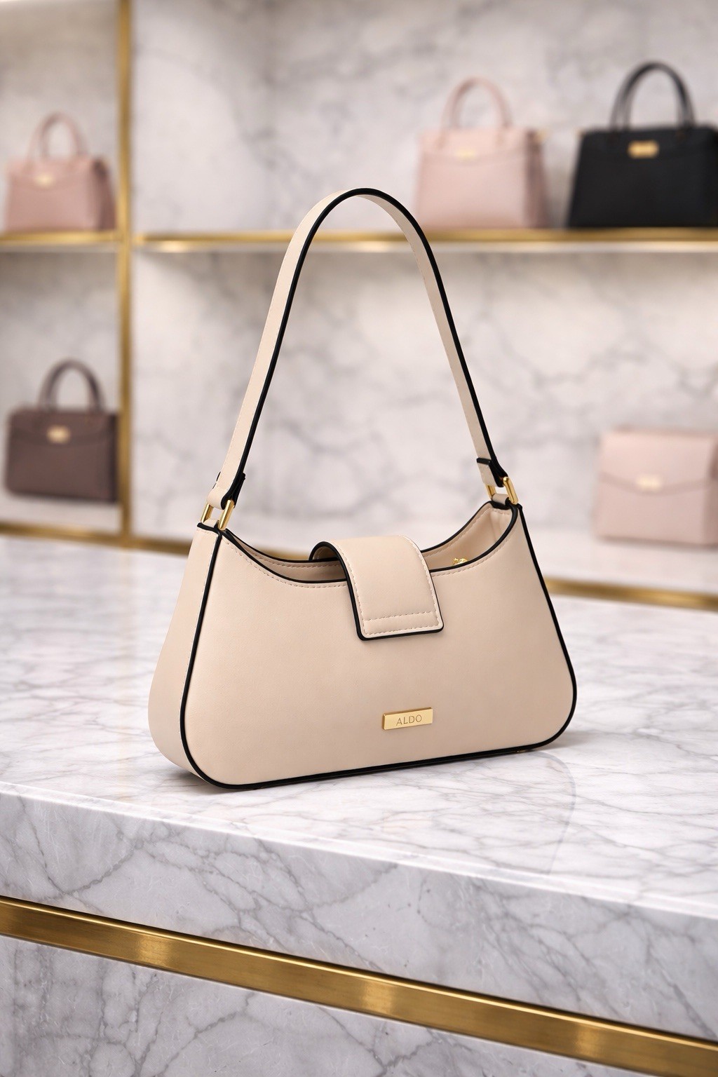 ALDO Beige Crescent Shoulder Bag Solid Magnetic Closure Logo Gold Hardware
