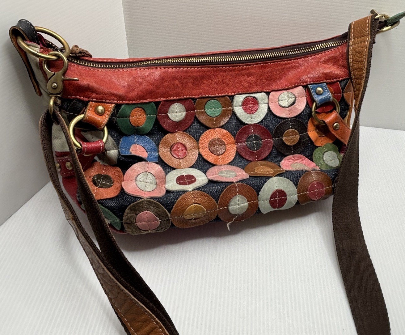 Unique Leather Patch Multicolor Boho Hippie Bag Purse 14” By 7.5” See Photos