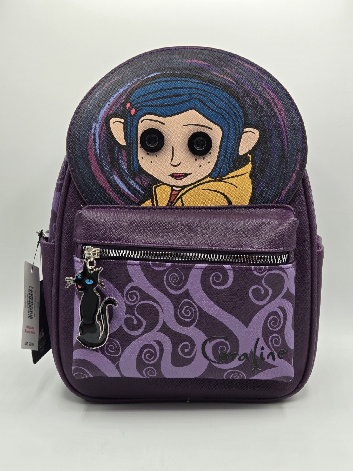 Coraline Mini Backpack Laika Hot Topic Purple Cat Charm Button Eyes NWT
