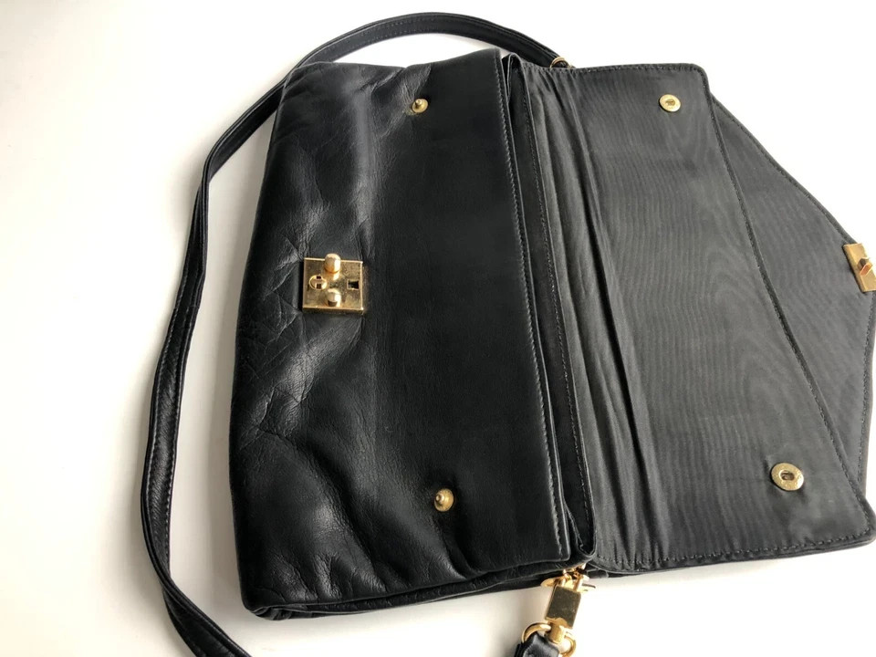 Ladies Clutch Black Calf Leather Shoulder Bag Handbag Evening Bag