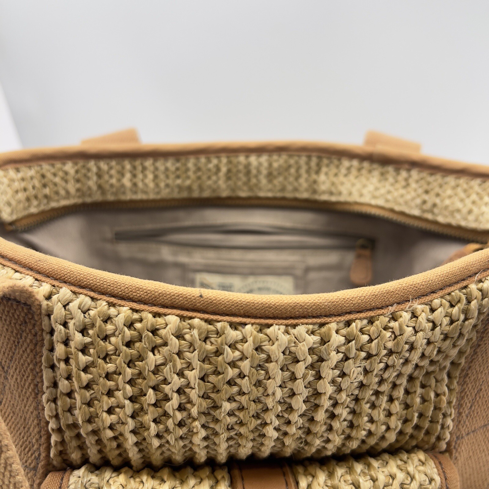 Fossil Handbag Large Weekend Raffia Natural Tote Bag Tan Leather Trim