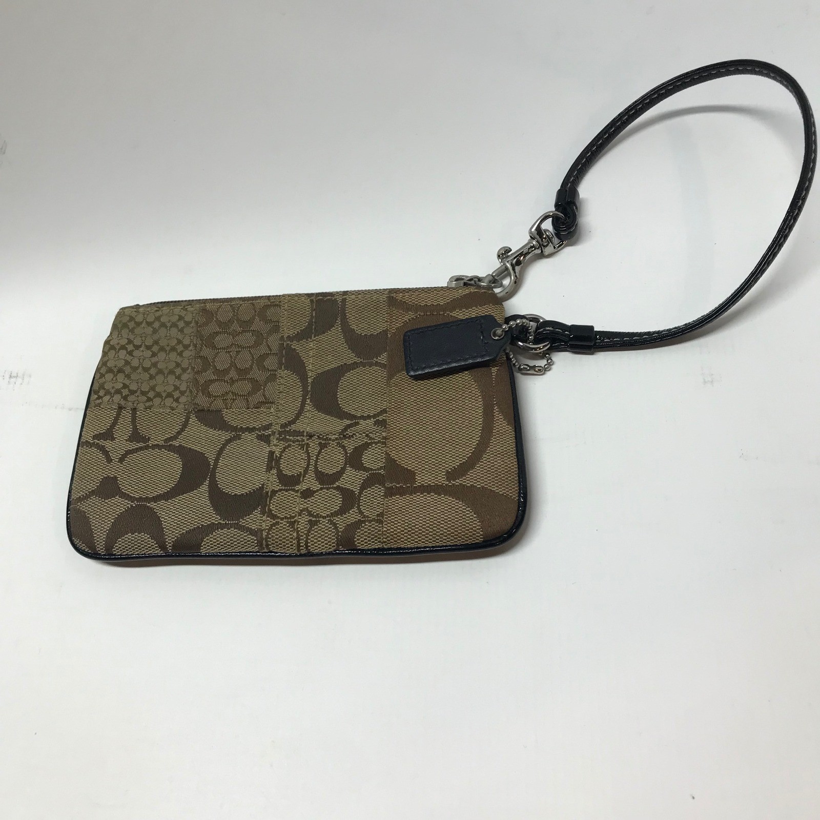 Coach Signature C Patchwork Wristlet Brown Tan Jacquard Teal Lining Small Bag