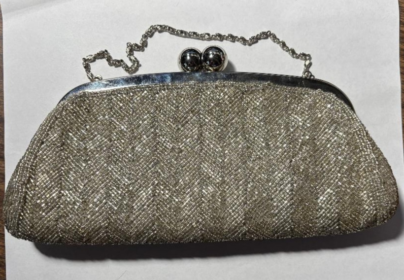 KATE LANDRY SILVER GRAY BEADED CLUTCH PURSE EVENING FORMAL BAG WITH BALL CLOSURE
