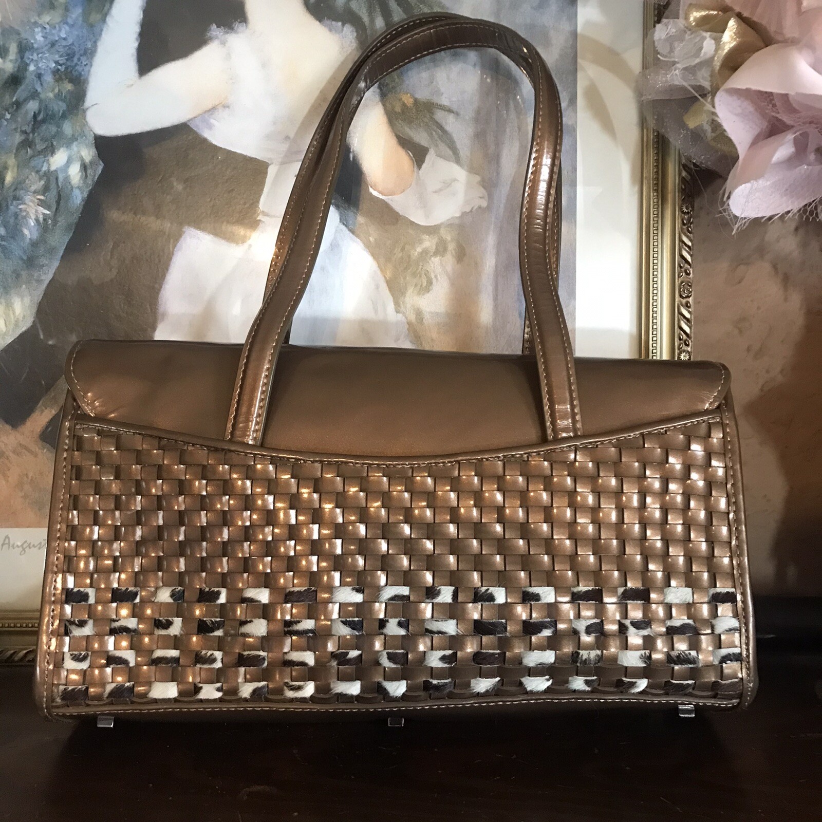 WOMEN’S IMPULSE BY SHARIF BRONZE PATENT LEATHER BASKET WEAVE WITH CALF HAIR BAG