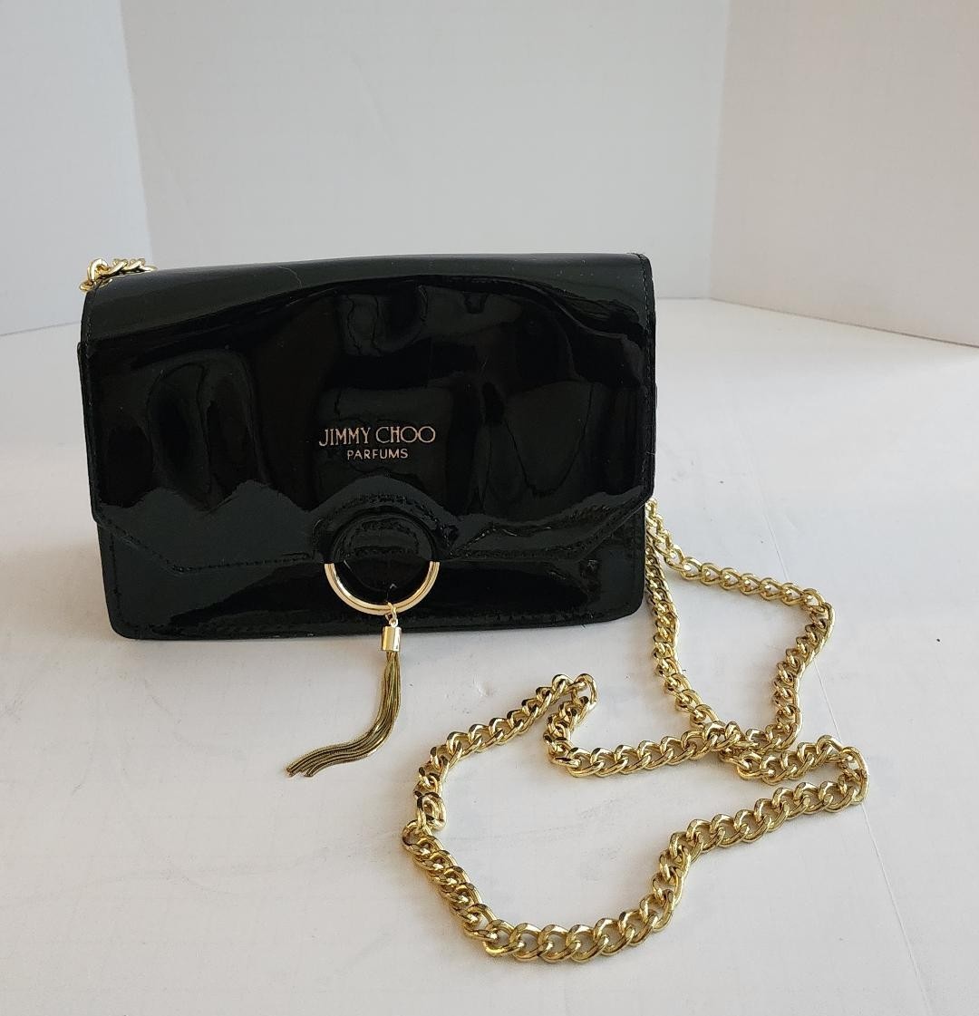 Jimmy Choo Parfums Black Patent Leather Look Crossbody Bag Gold Chain Clutch