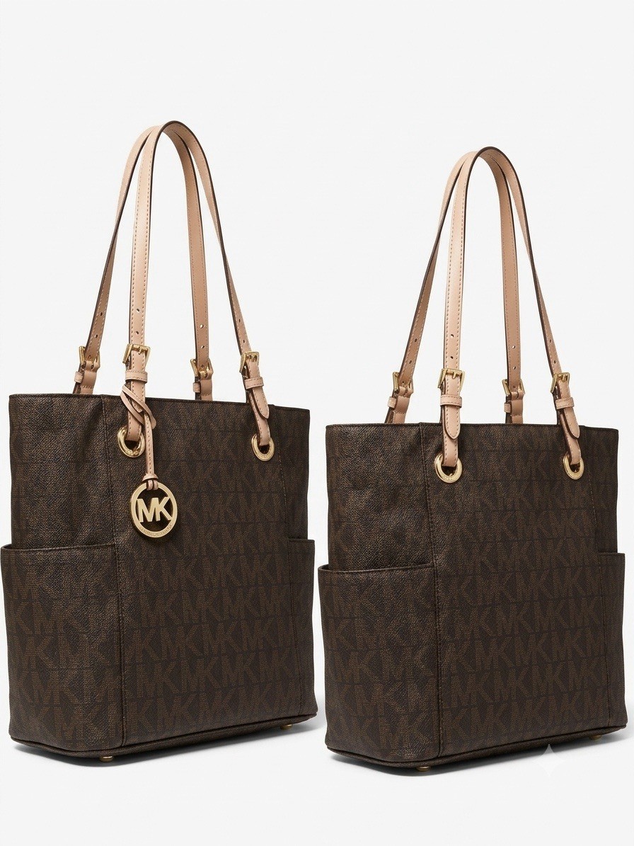 Michael Kors Women’s Brown Shoulder Bag Purse MK Logo Tote Pockets On Sides Zip