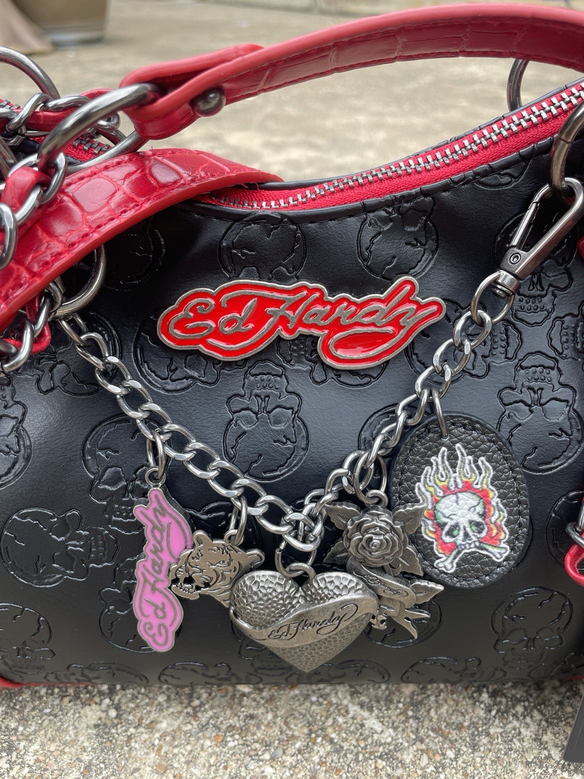 Ed Hardy Black & Red Tote Chain Charms Studded Croc Look Embossed Skulls Y2K NWT
