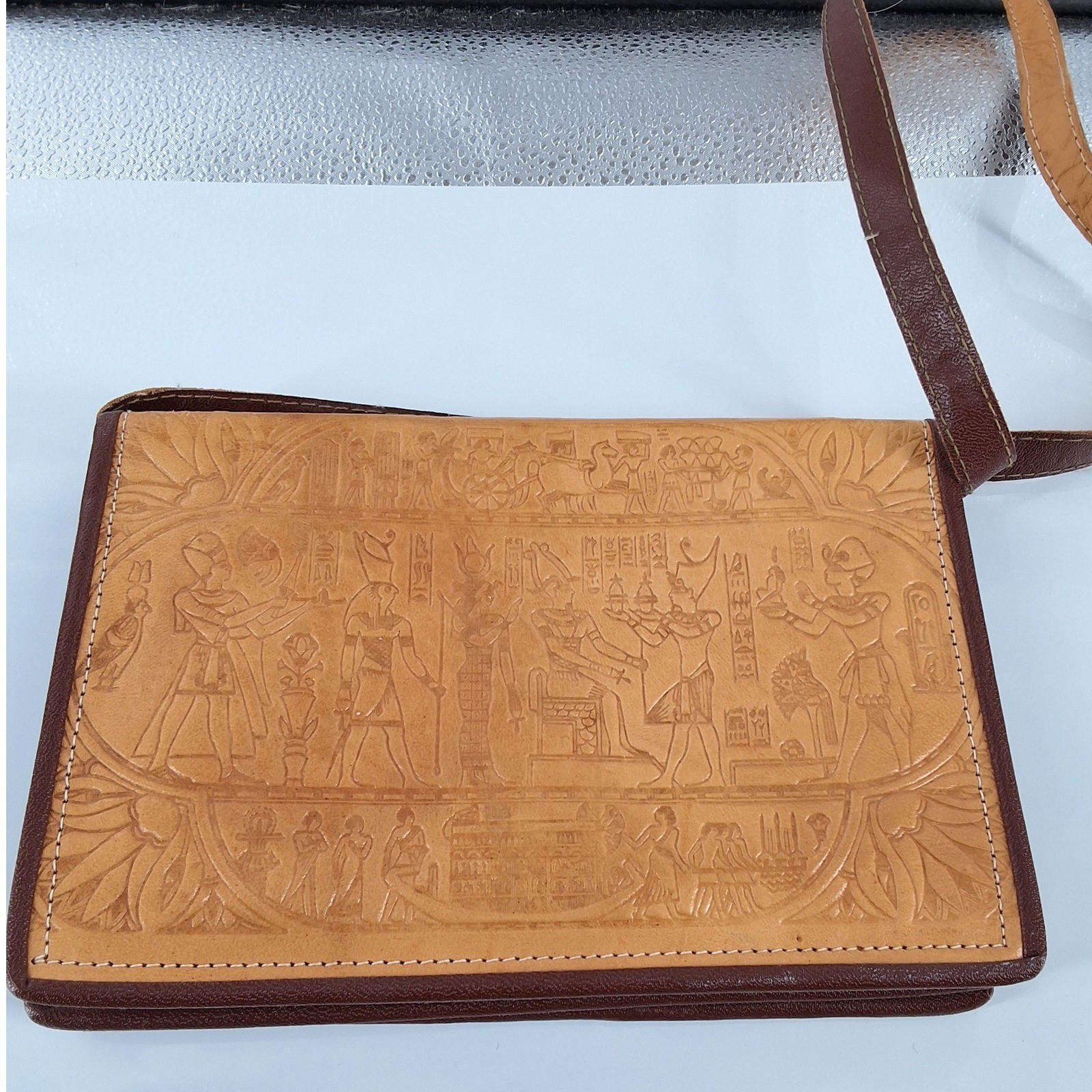 Vintage Tooled Leather Egyptian Queen Nefertiti Crossbody Bag Tan Brown Clutch