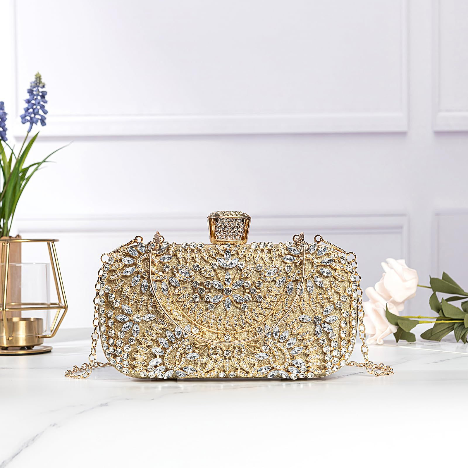 Covelin Women’s Rhinestone Decorated Evening Bag, Tote Medium, Champagne