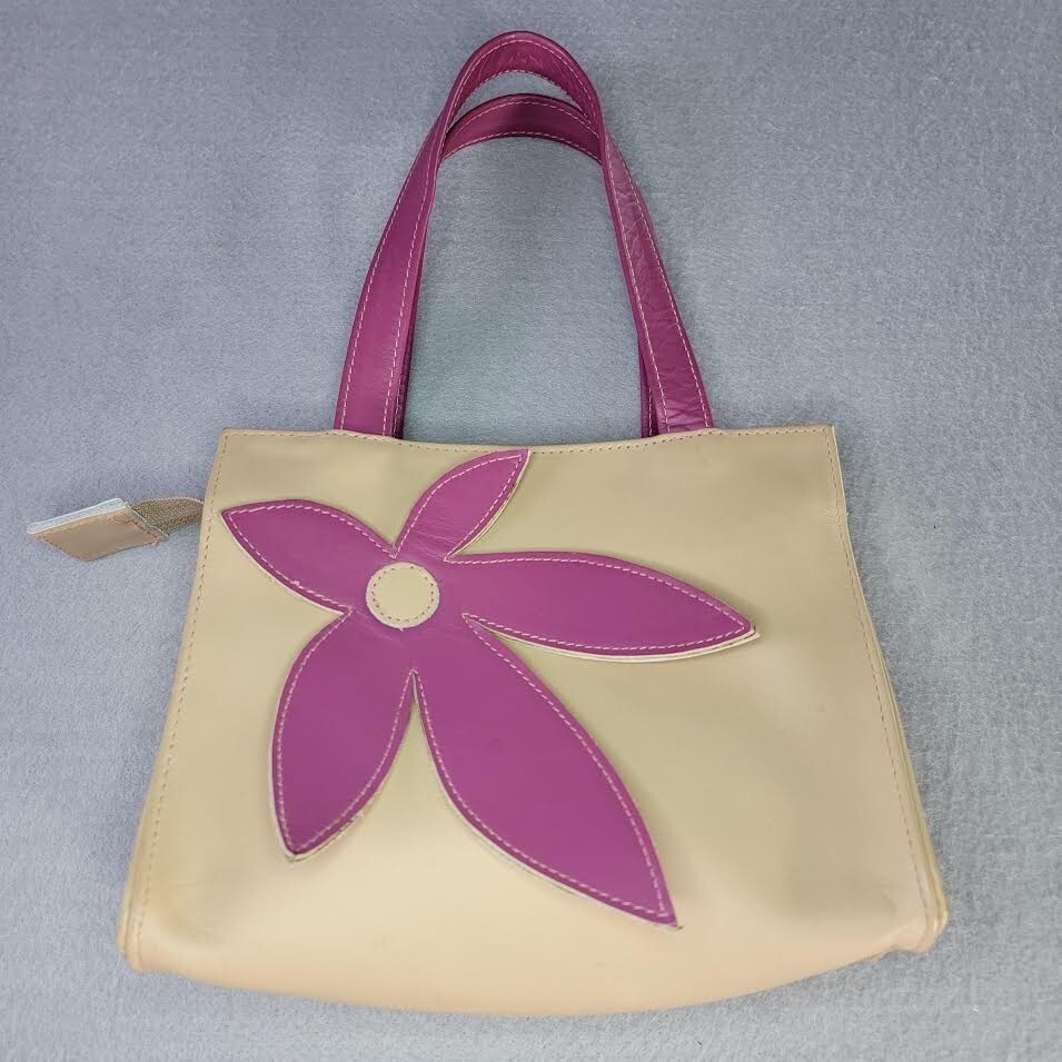 Vintage Handcrafted Purse Beige/Pink Leather Daisy Detail Handles RetroY2K NYC
