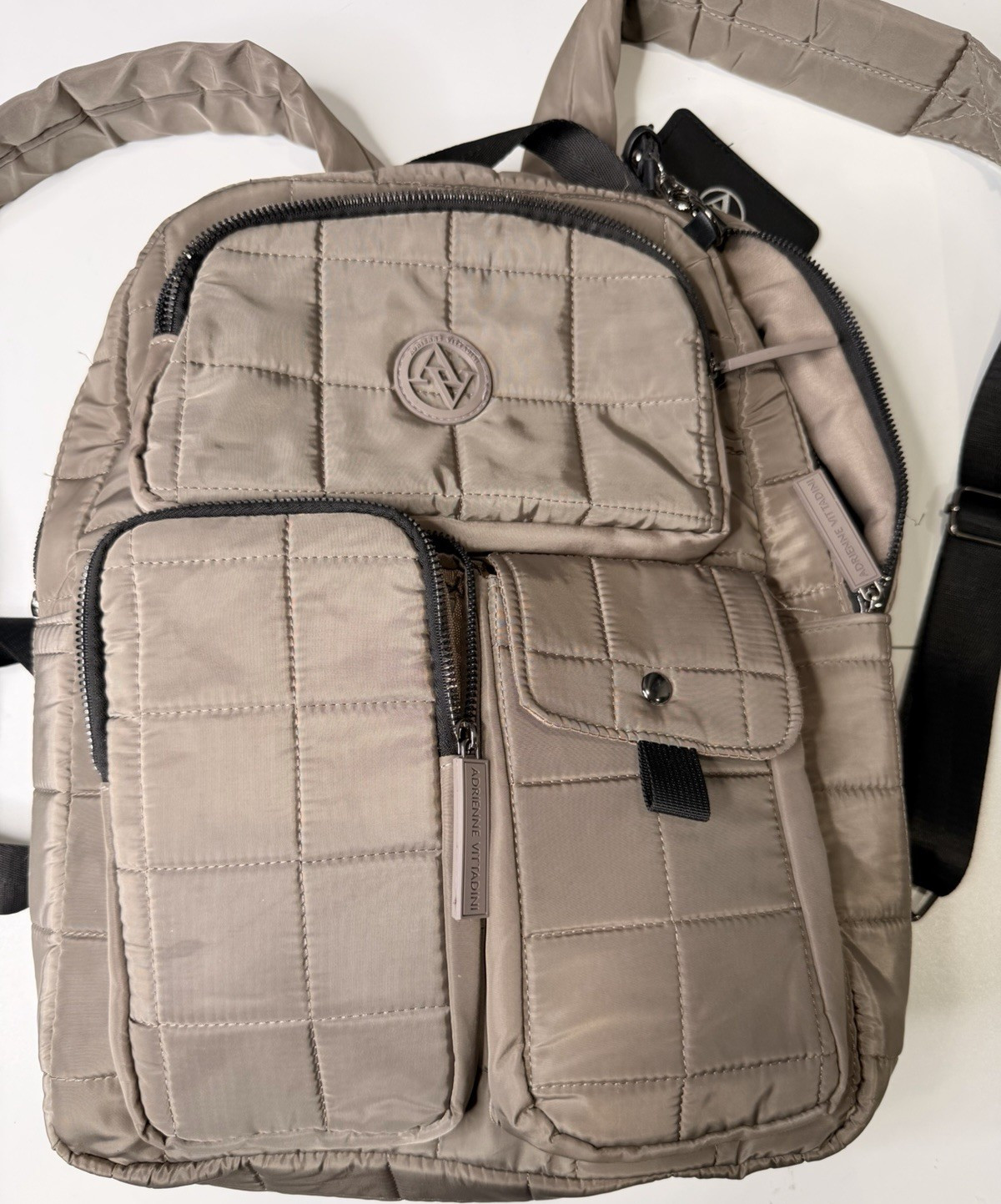 Adrienne Vittadini Taupe Quilted Women’s Backpack Zip Inner Pockets Luggage Tag