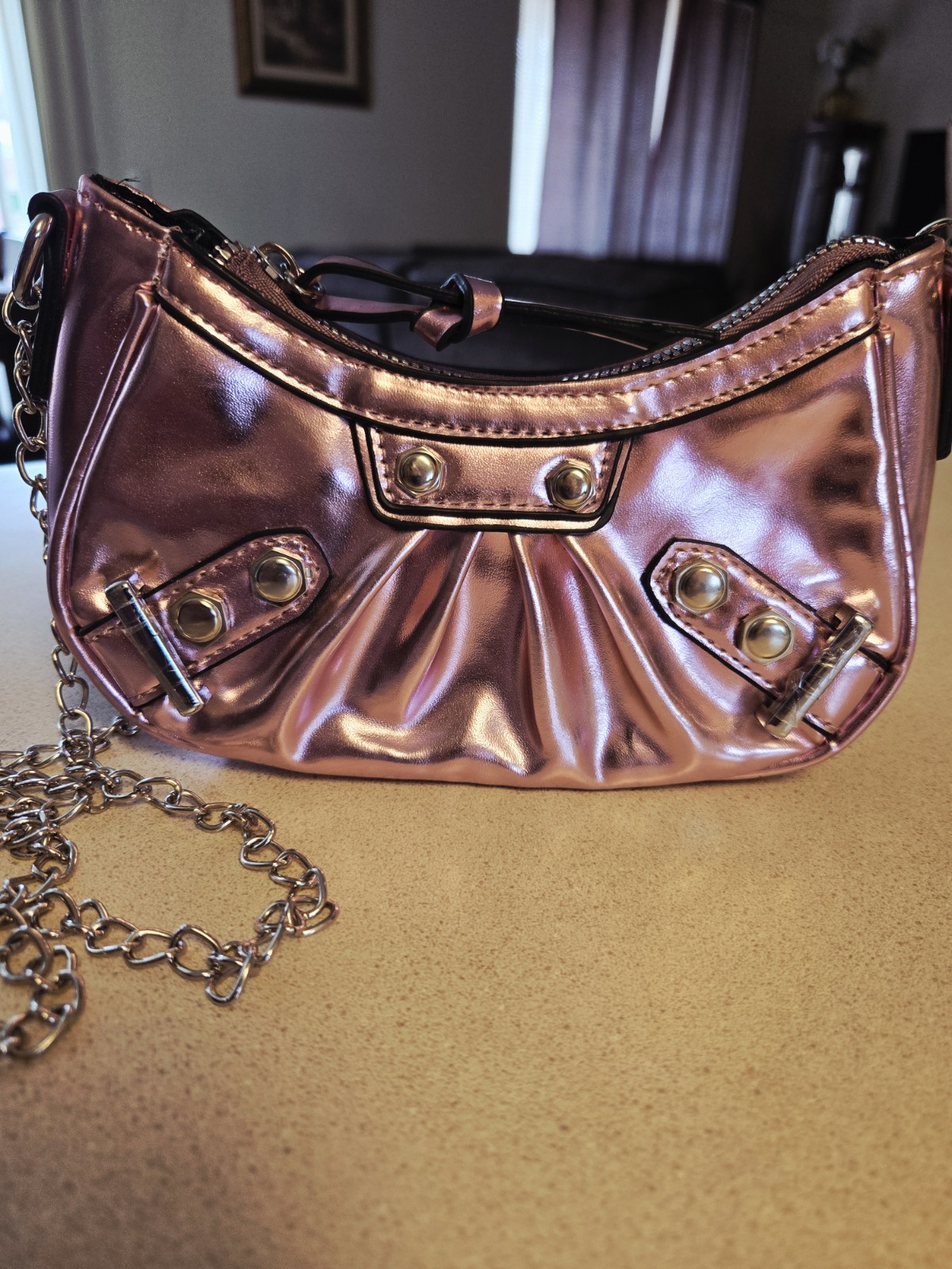 Olivia Miller Metallic Pink Crossbody Small Purse, Chain Strap