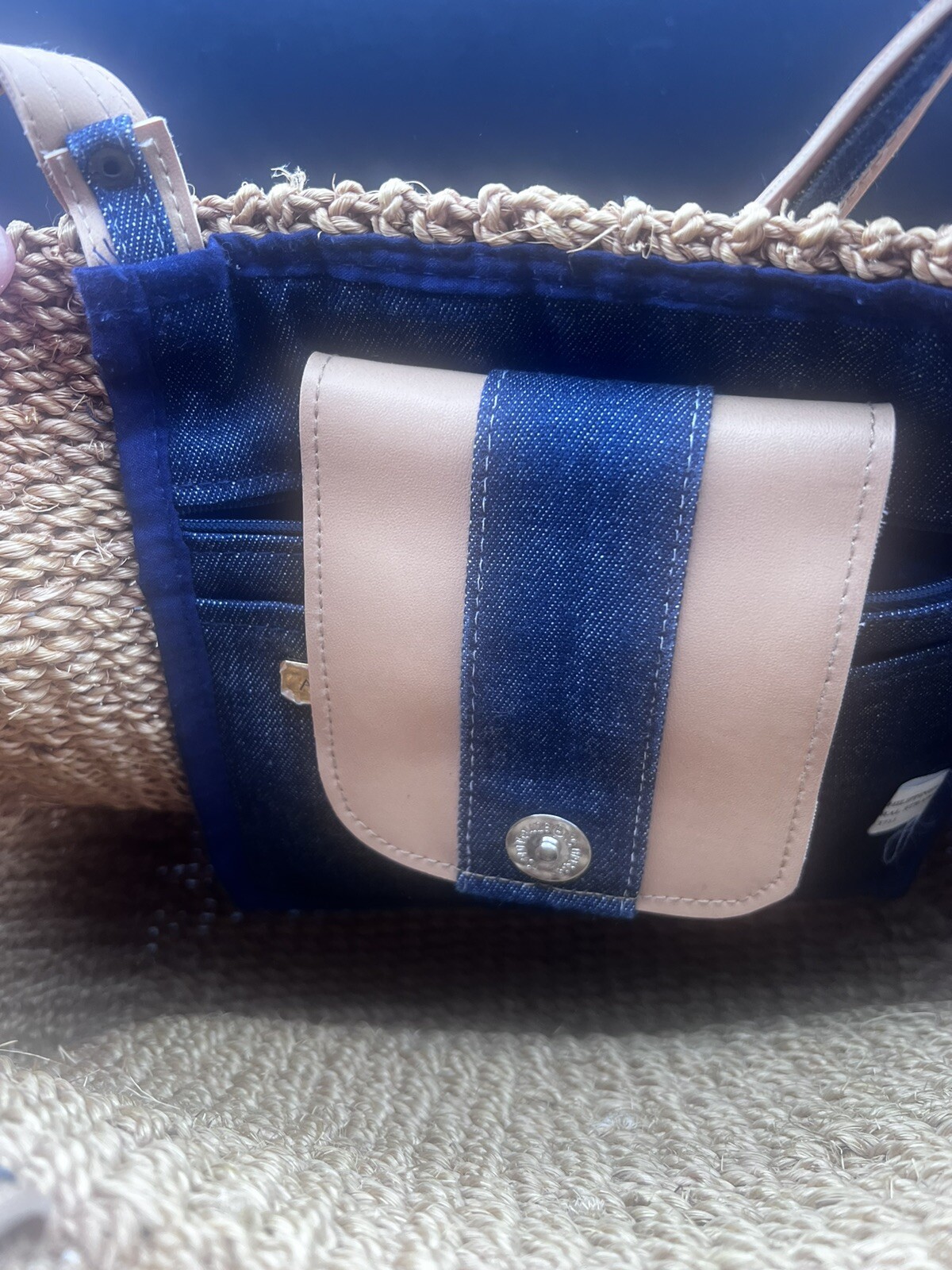Straw Bag/Tote With American Flag Embroidered On Front & Denim Pocket Strap