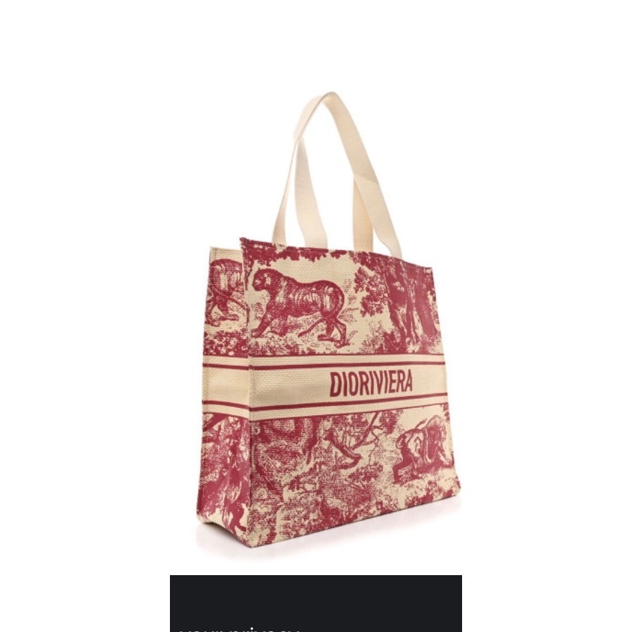 Dioriviera Toile de Jouy Woven Tote Bag Burgundy Cream Shopper Beach Bag Large