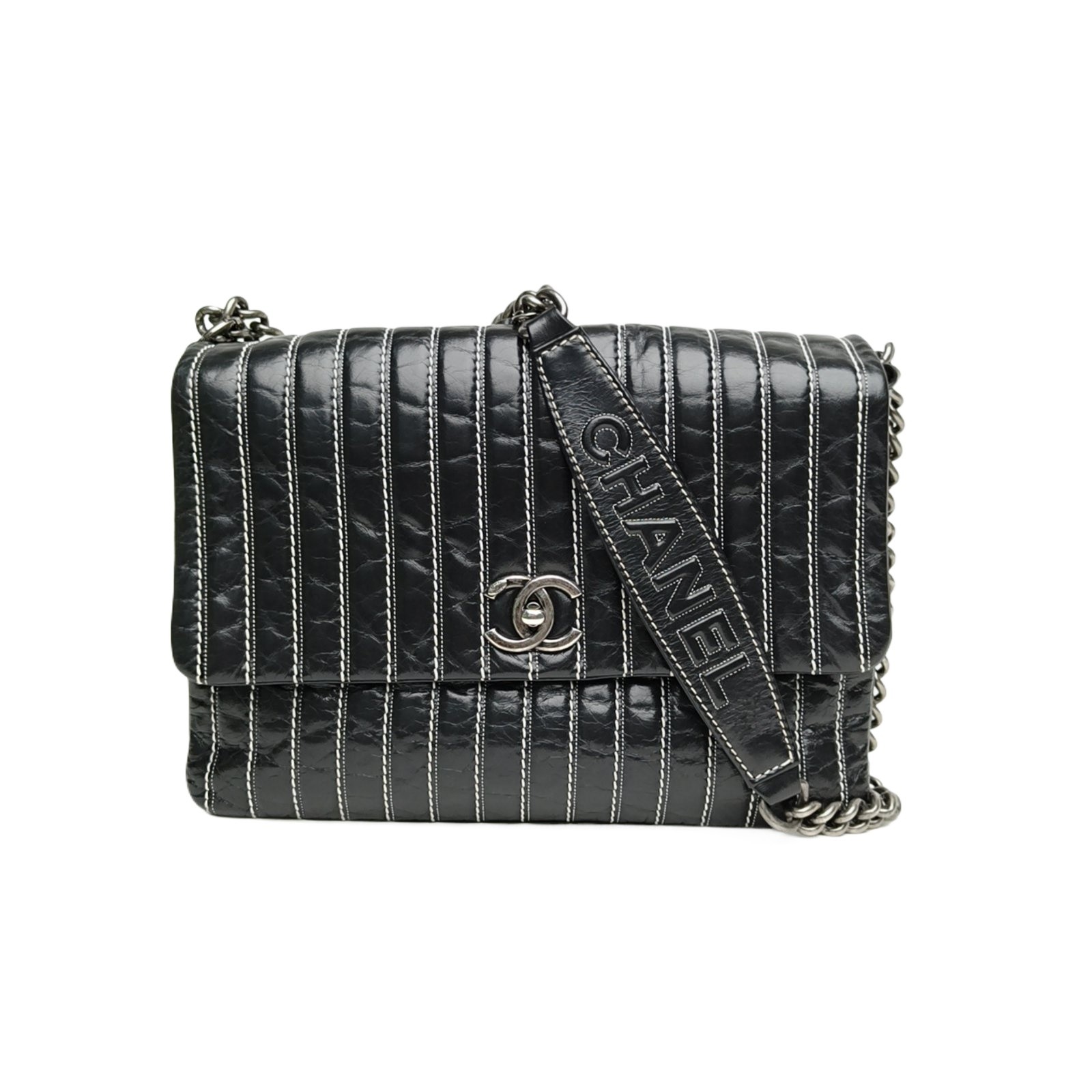 CHANEL Black Vertical Stripes Envelope Airport Bag Calfskin Crossbody Bag
