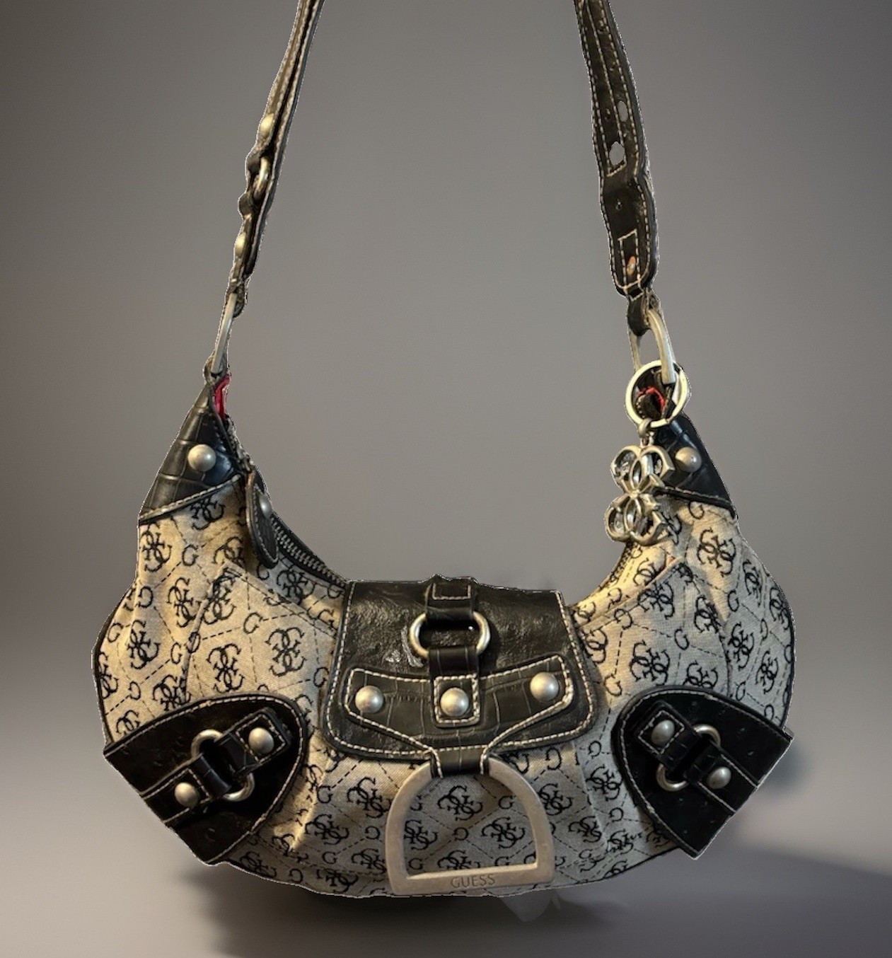 Vintage Y2K Guess Monogram Jacquard Crescent Hobo Bag Gray Croc Buckle Purse
