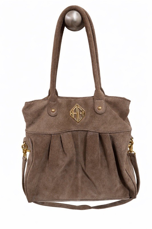 AG Taupe Suede Shoulder Bag Gold Hardware Double Handles Pleats Studs