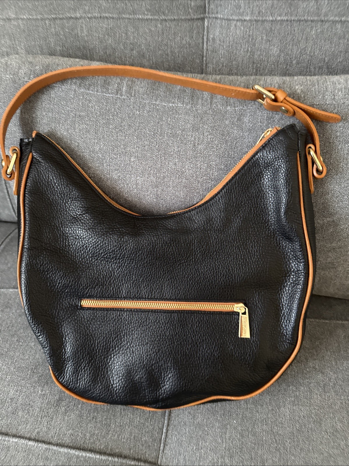 Valentina Italy LG Black Leather Brown Trim LOGO Hobo Shoulder Bag Purse MINT