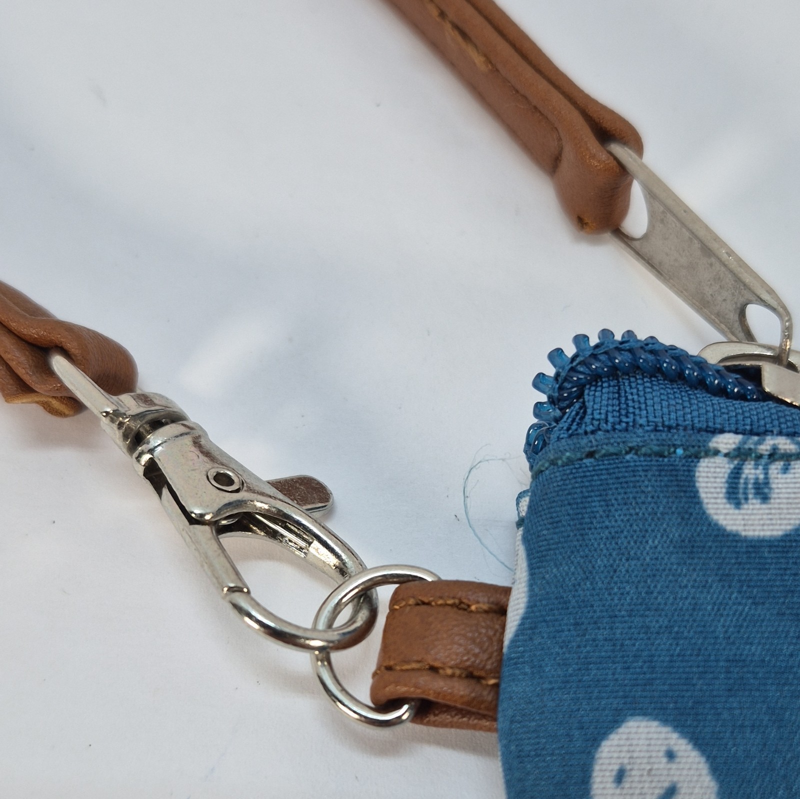 Women’s Blue/White Polka Dot Wristlet Zip Pouch w/ Brown Wrist Strap