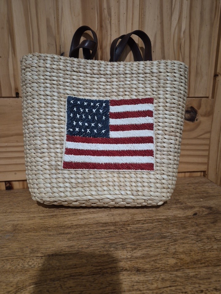 Bath and Body Works Straw Tote Bag Patriotic Woven Shoulder Tan Americana Flag