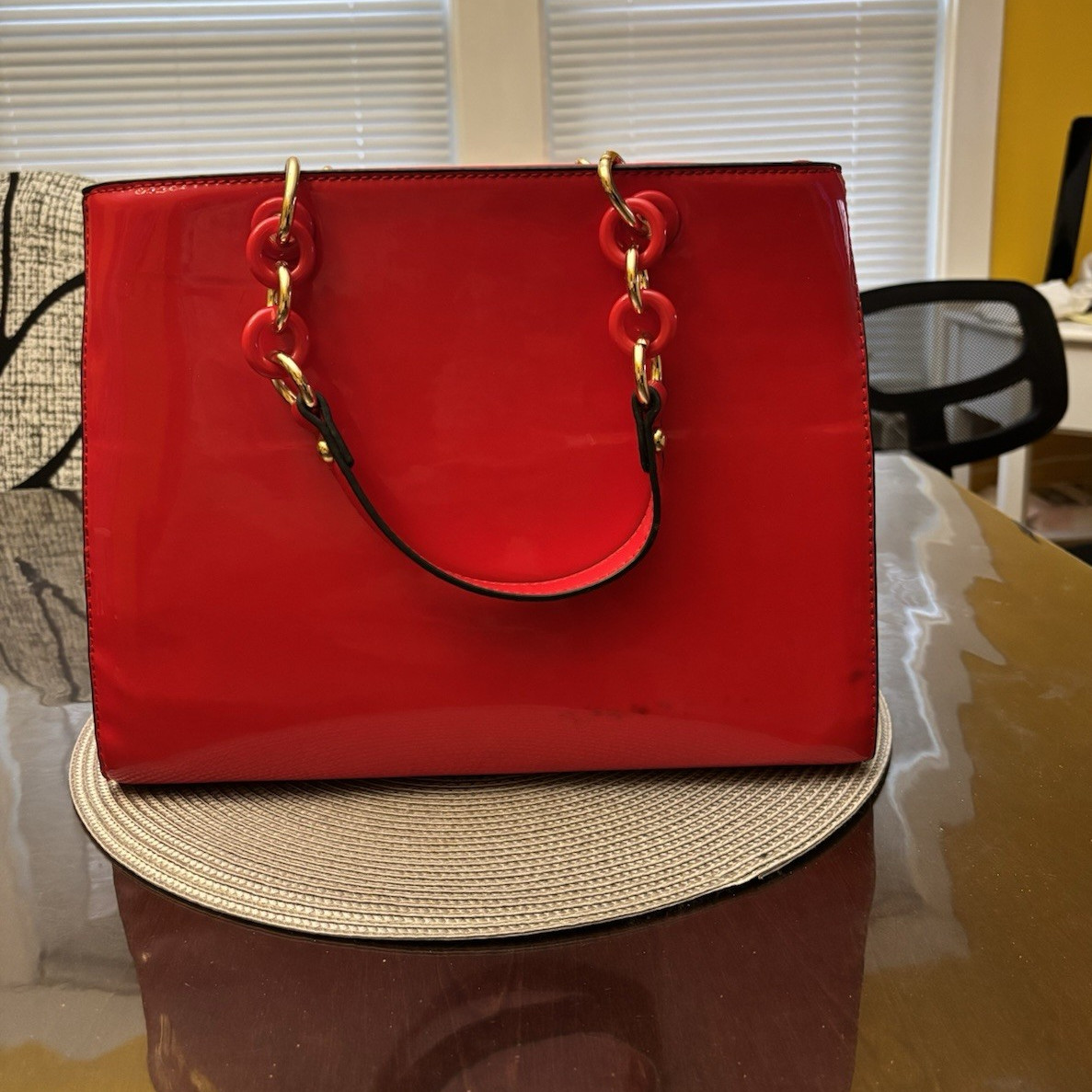 Red tote Bag Gold Hardware Zip Closure, Inner Pockets