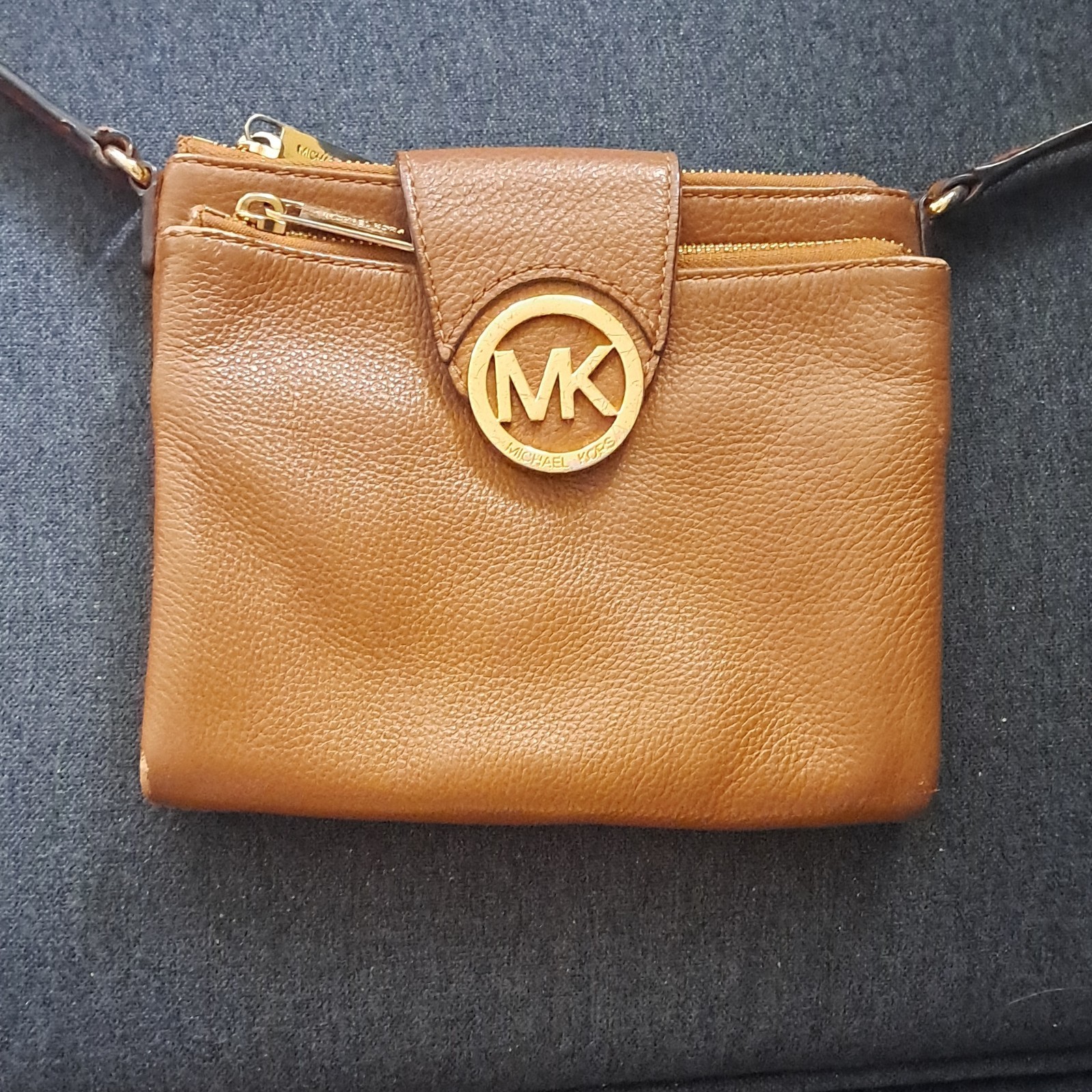 Michael Kors Brown Pebbled Small Crossbody Bag Zip/Snap, Adjustable Strap, Gold