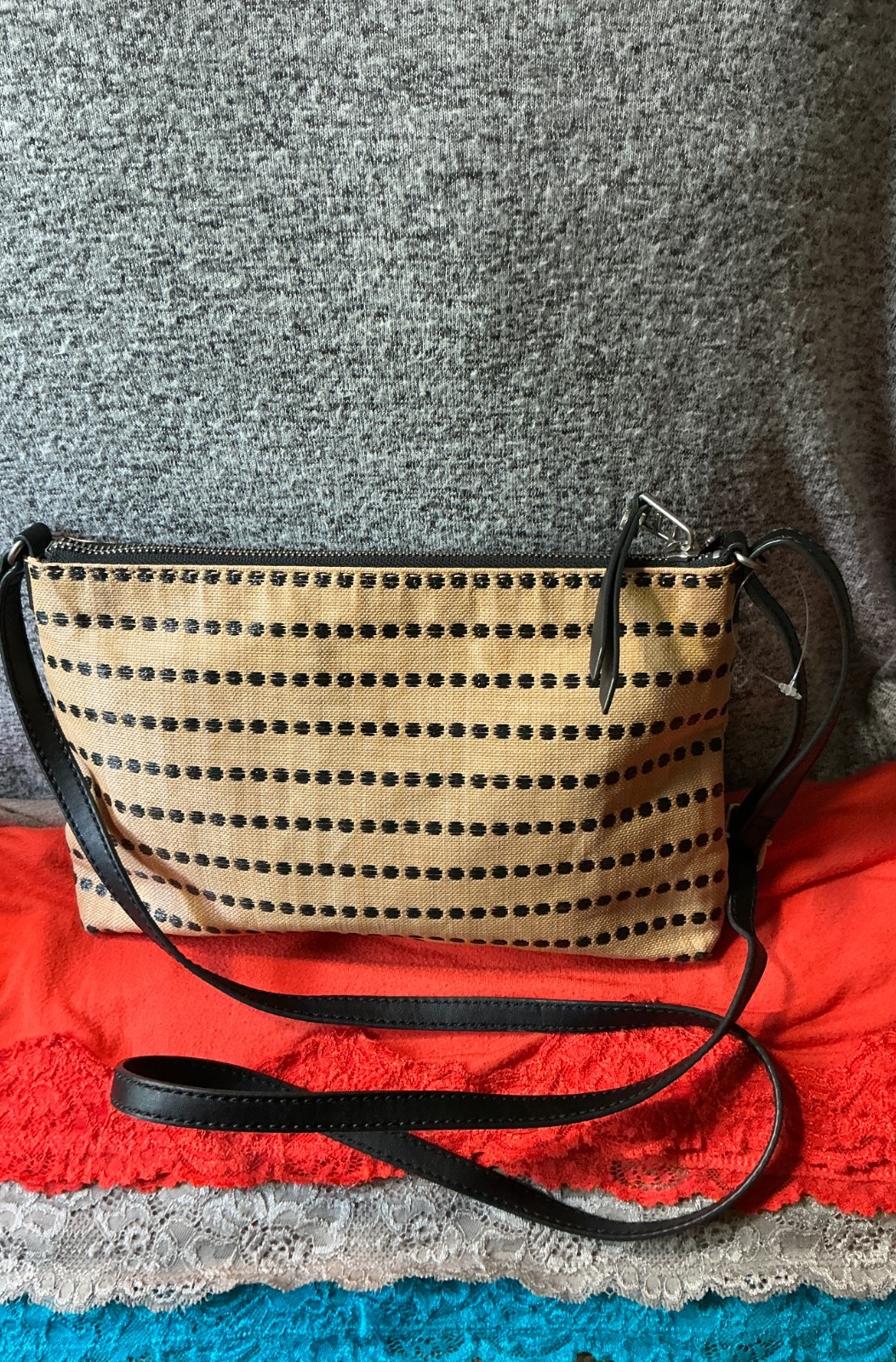 Fossil Light Tan & Black Polk-Dots Coated Canvas Zip Shoulder Crossbody