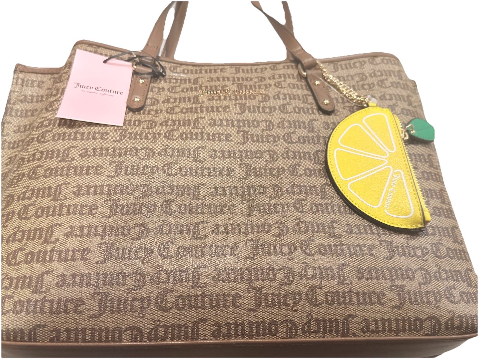 Juicy Couture Brown Logo Tote Bag Lemon Charm Gold Hardware Double Handles