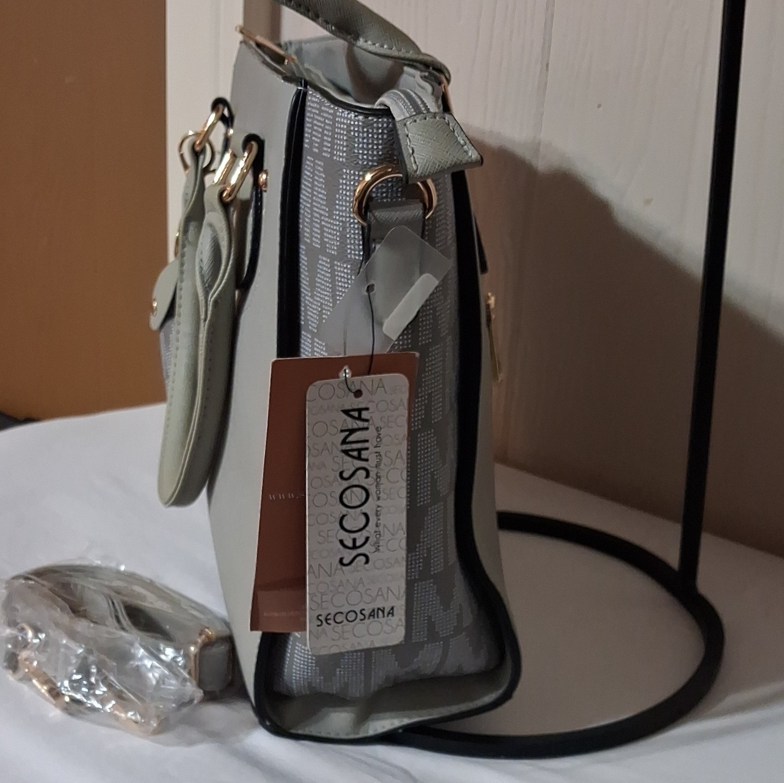 Secosana Gray Logo Satchel Top Handle Zip Detach Adjust Strap Gold Keychain