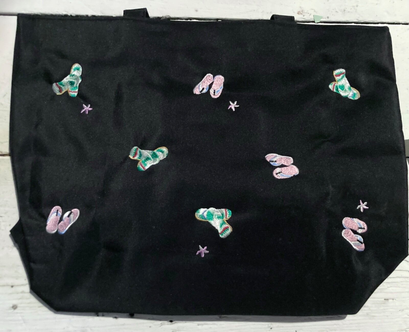CVS Black Embroidered Tote Bag Summer Tropical Flip-Flops Pattern