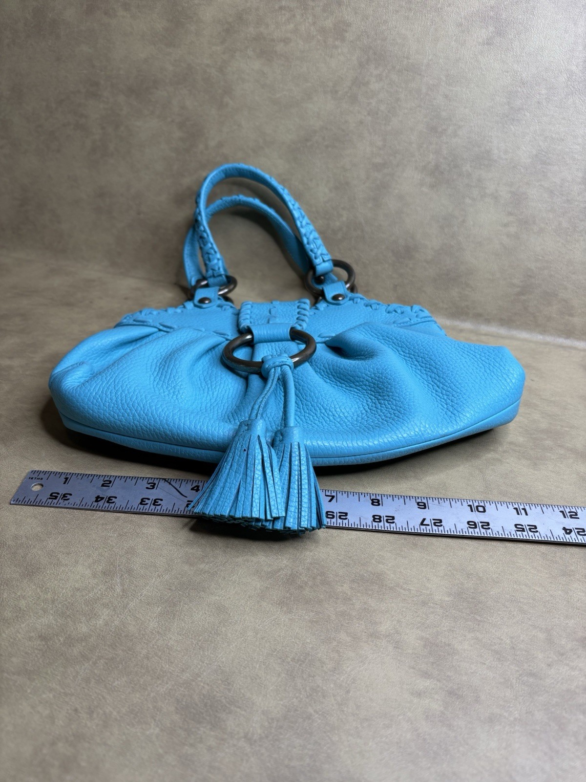 Isabella Fiore Turquoise Blue Whipstitch Tassel Leather Hobo Shoulder Bag